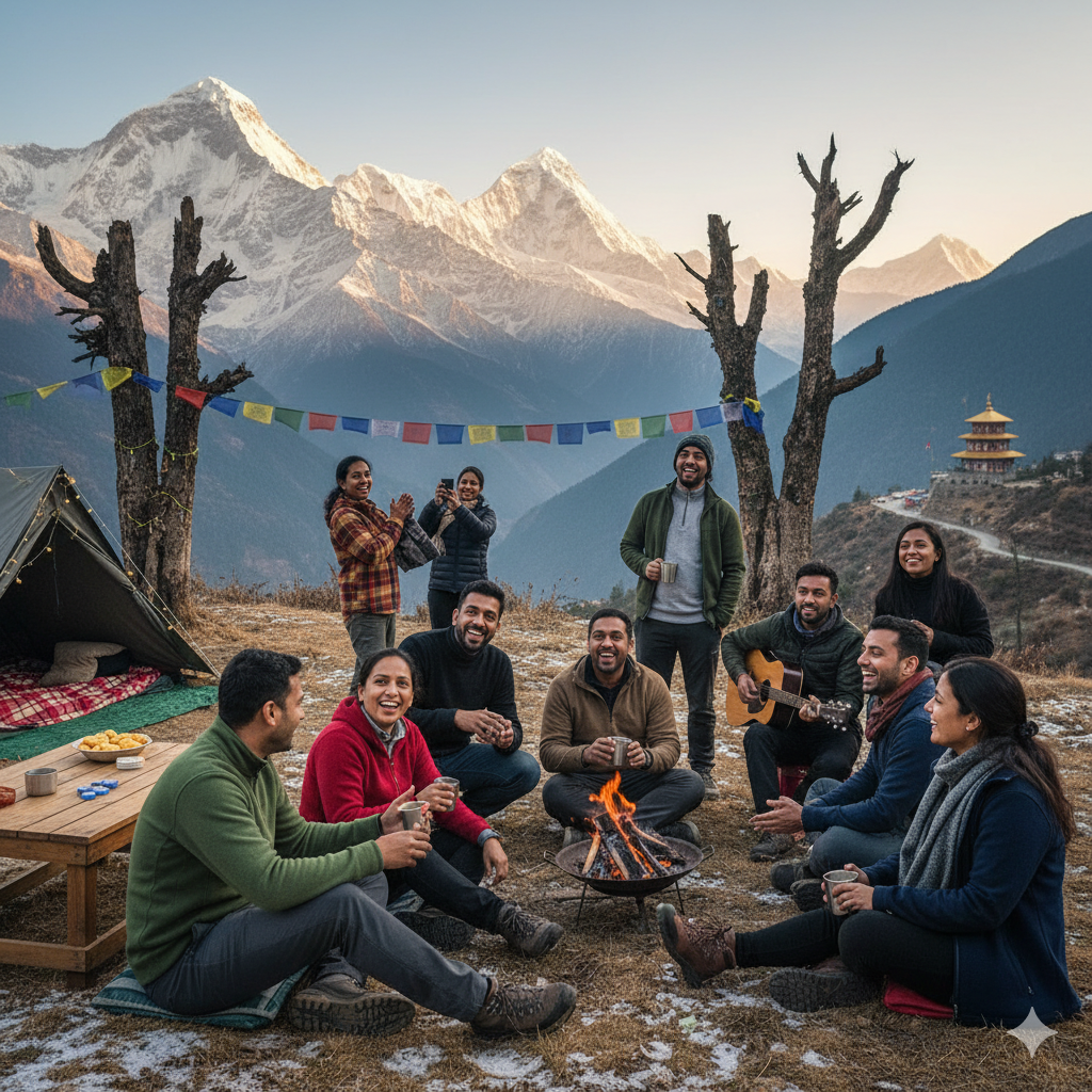 Corporate group on a team-building retreat in the Himalayas